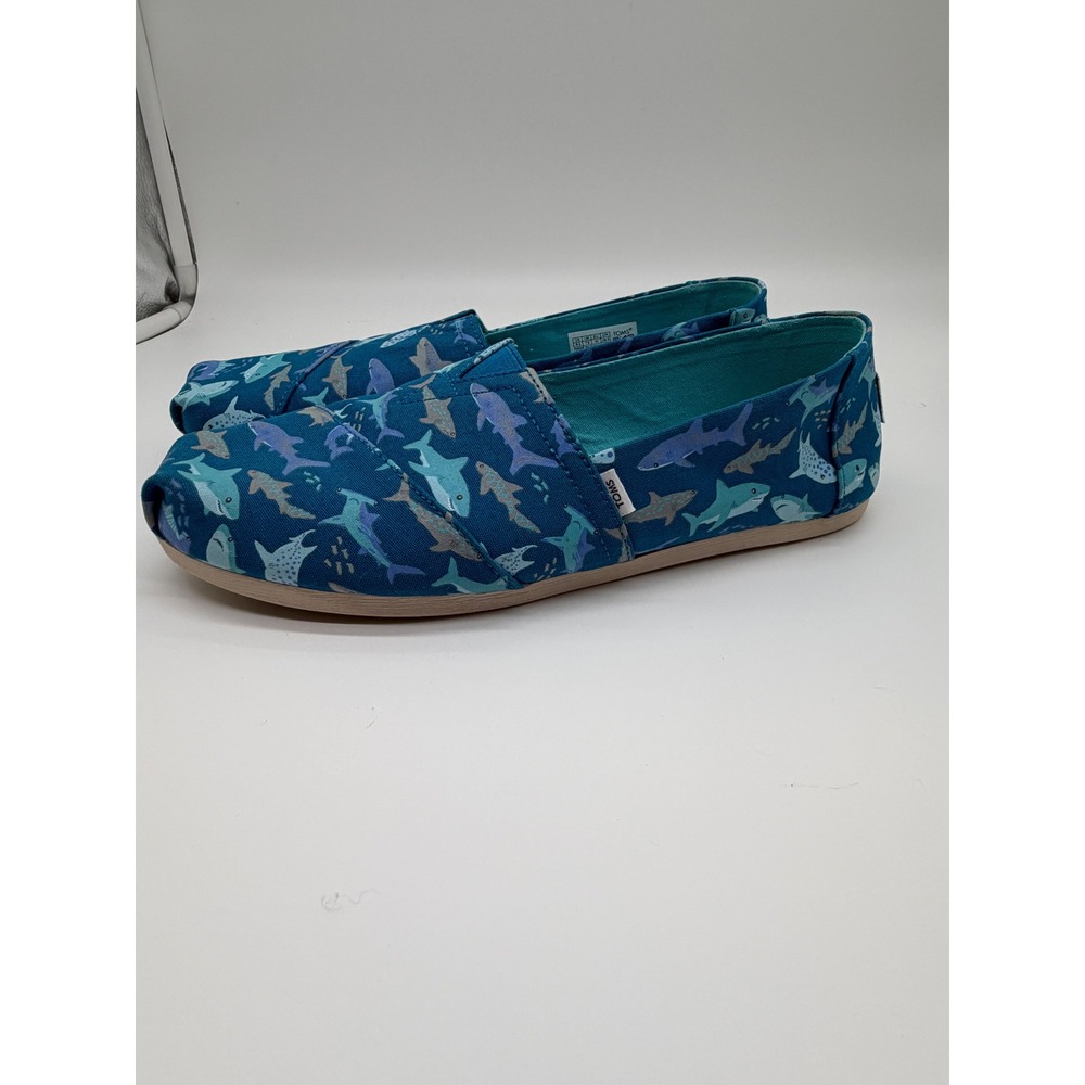 TOMS Alpargata Blue Shark Print Canvas Slip On Flat Shoes Womens 9.5